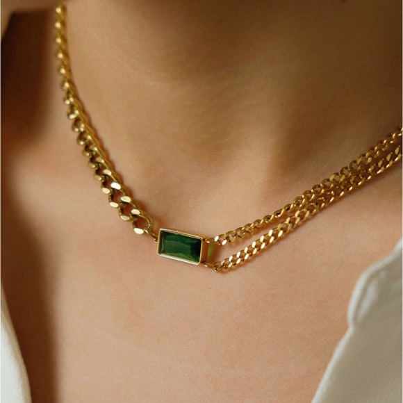 Green Zirconia Curb Mix Chain Necklace | Gold Plated Stainless Steel Necklace - Picture 2 of 3